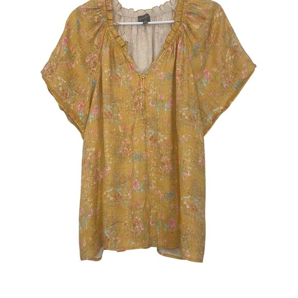 Wonderly Womens Mustard Yellow Boho Floral Blouse Size XL Short Ruffle V Neck - Picture 10 of 11
